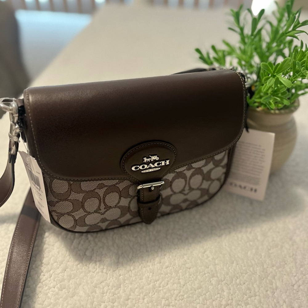 Coach Brown and Tan Crossbody Bag with Signature Monogram